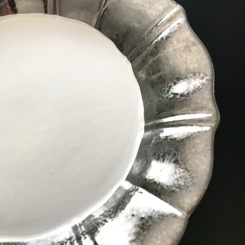Anthropologie Large Ceramic Serving Bowl Deep Plate White Silver Serveware